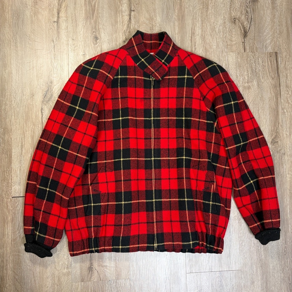 Pendleton Wool Bomber Jacket Womens Medium Plaid Zip Red Black USA Made